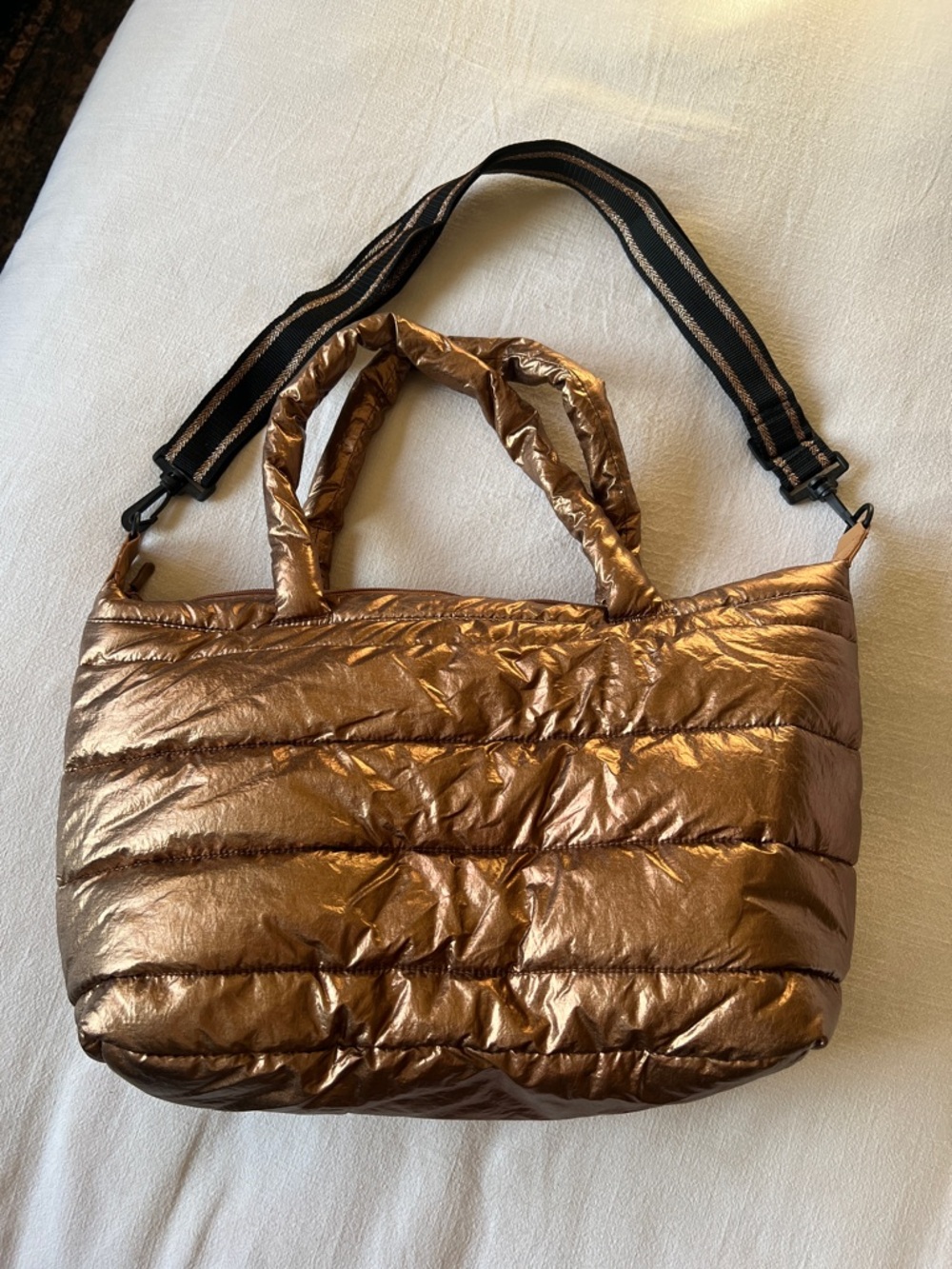 NWOT Bronze Metallic Duffle Bag